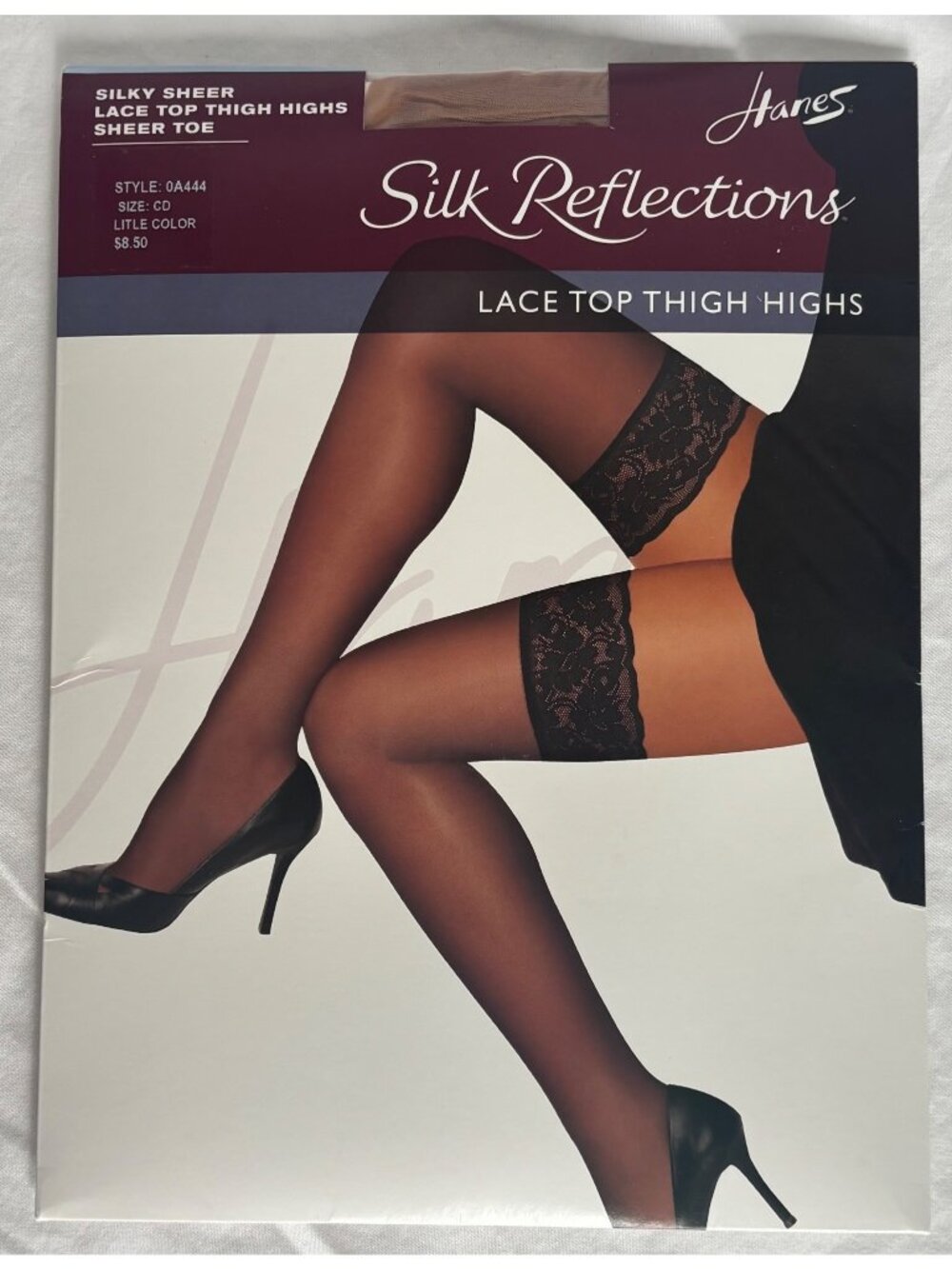 Hanes Silk Reflections Silky Sheer Thigh High Lace Top Sheer Toe Stockings Sz CD